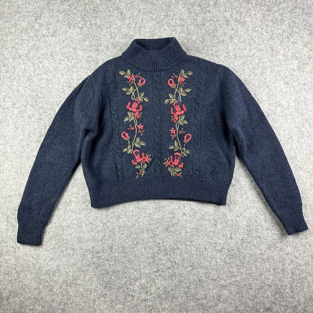 Meadows Filbert Knit Wool Sweater Womens 2 Blue Floral Embroidered Chunky Crop